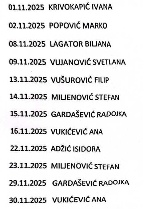 Raspored novembar 2025 Sestre