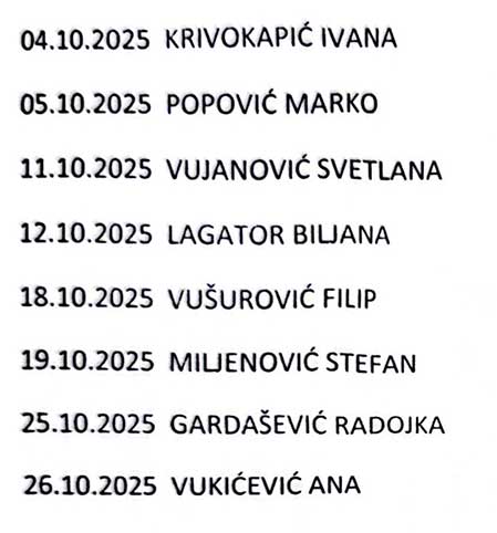 Raspored rada oktobar 2025 sestre