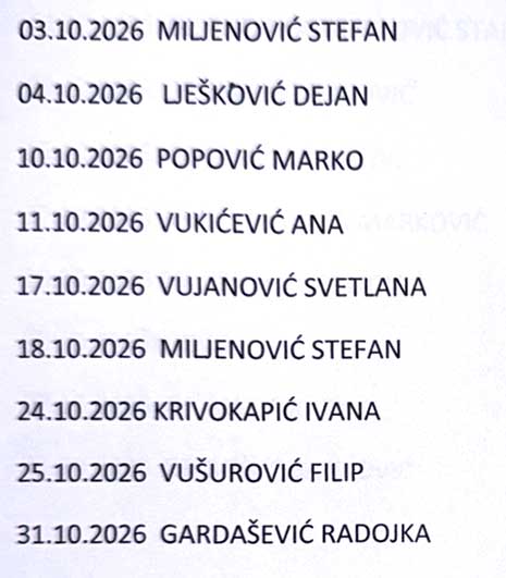 Raspored rada oktobar 2026 sestre vikend